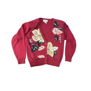 Vintage worthington petite red floral button up cardigan small